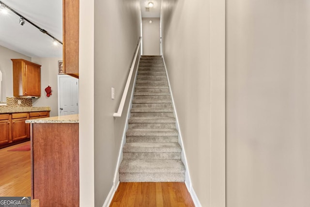 79 Tiffany Trce, Palmetto, GA 30268 - stairs featuring baseboards, wood finished floors, and rail lighting