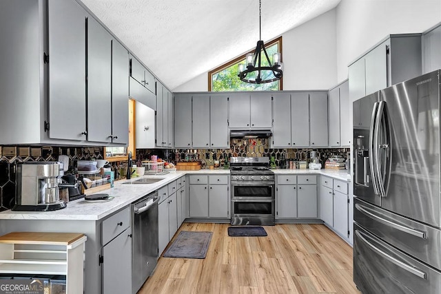 kitchen featuring under cabinet range hood, stainless steel appliances, gray cabinets, a sink, and light wood-style flooring
