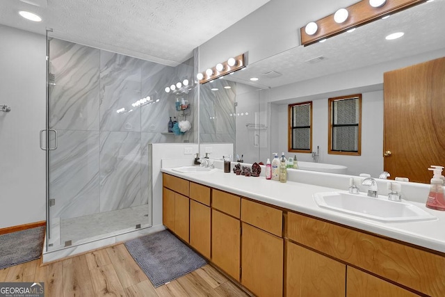 full bathroom with a shower stall, wood finished floors, a sink, and double vanity