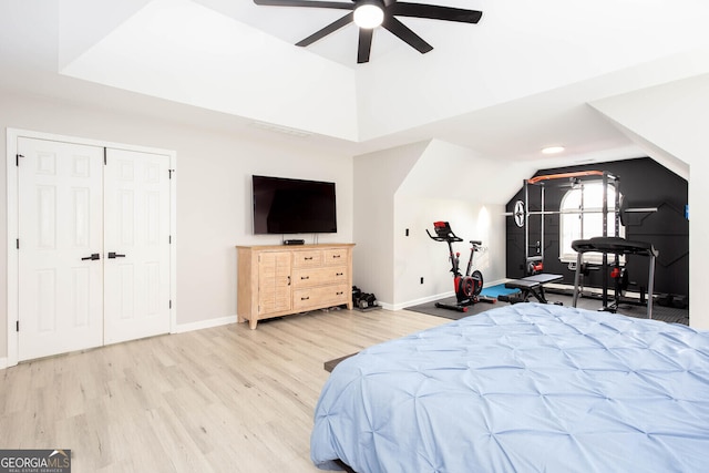 4215 Steeplehill Dr NW, Kennesaw, GA 30144 - bedroom featuring wood finished floors, vaulted ceiling, and ceiling fan