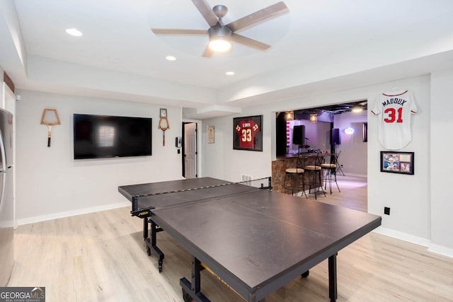 4215 Steeplehill Dr NW, Kennesaw, GA 30144 - recreation room with bar area, a ceiling fan, wood finished floors, and recessed lighting