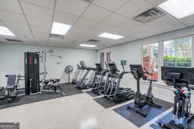 4215 Steeplehill Dr NW, Kennesaw, GA 30144 - exercise room featuring a drop ceiling and a wainscoted wall