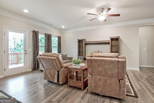 32 October Ave, Newnan, GA 30265 - living room with wood finished floors, ceiling fan, ornamental molding, baseboards, and recessed lighting
