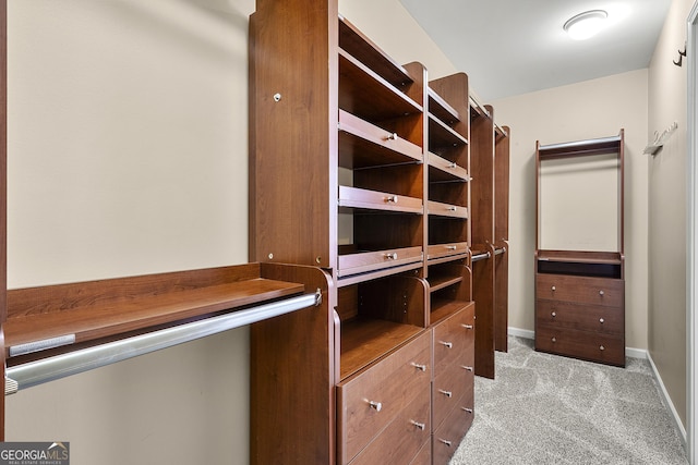walk in closet featuring light colored carpet
