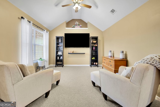 living room featuring baseboards, vaulted ceiling, carpet floors, visible vents, and ceiling fan