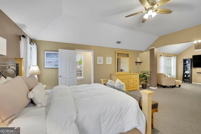 bedroom with baseboards, vaulted ceiling, a ceiling fan, visible vents, and carpet