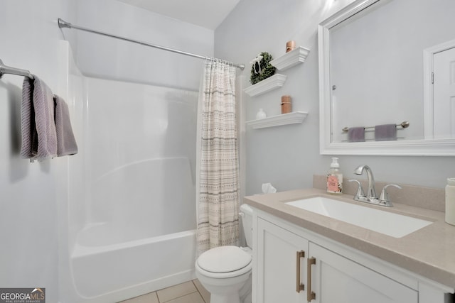 bathroom with toilet, shower / tub combo, vanity, and tile patterned flooring