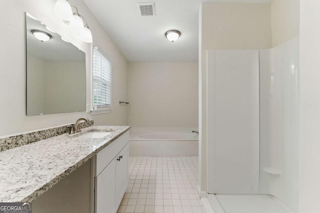 11925 N Hickory Trce, Alpharetta, GA 30004 - bathroom featuring a shower, vanity, a garden tub, tile patterned flooring, and visible vents
