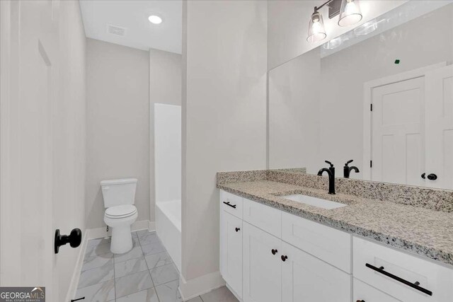 4444 Sullivan Rd, Powder Springs, GA 30127 - full bath featuring visible vents, baseboards, marble finish floor, toilet, and vanity