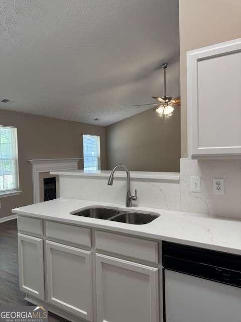 kitchen featuring dishwasher, a sink, plenty of natural light, and ceiling fan