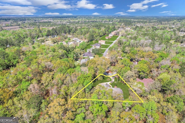 bird's eye view with a wooded view