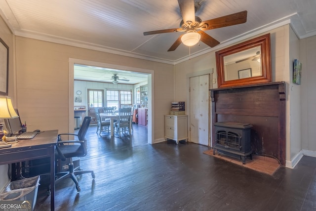 207 County Road 561, Woodland, AL 36280 - office space featuring crown molding, baseboards, ceiling fan, dark wood finished floors, and a wood stove