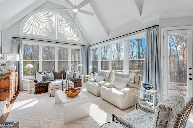 sunroom with carpet flooring, high vaulted ceiling, and beamed ceiling