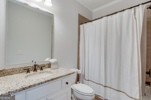 bathroom with vanity, curtained shower, toilet, and crown molding
