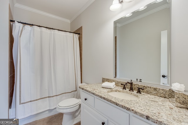 bathroom with tile patterned floors, toilet, vanity, a shower with curtain, and ornamental molding