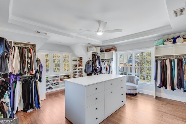spacious closet featuring visible vents, a ceiling fan, light wood-style floors, and a raised ceiling