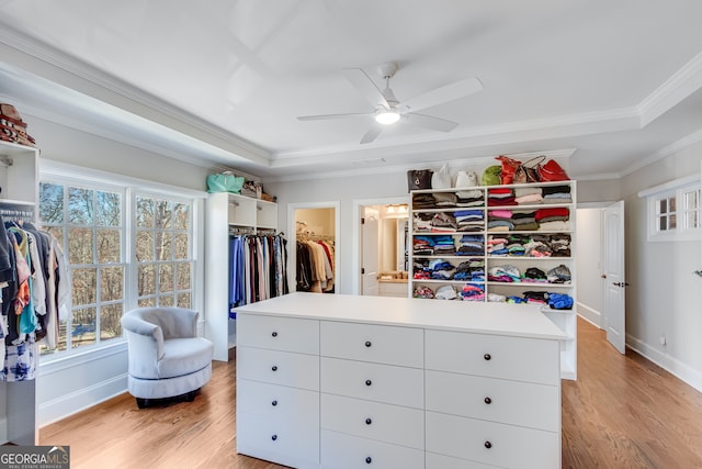 spacious closet with a ceiling fan, light wood-style flooring, and a raised ceiling
