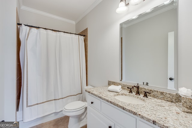 bathroom with a shower with shower curtain, ornamental molding, toilet, tile patterned floors, and vanity