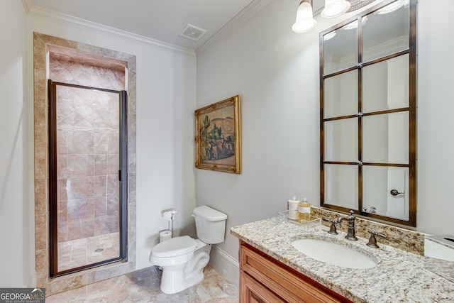 bathroom featuring a stall shower, crown molding, toilet, vanity, and visible vents