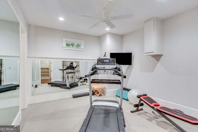 exercise room with baseboards, carpet floors, ceiling fan, and recessed lighting