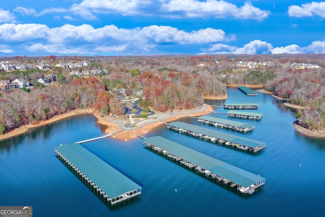 drone / aerial view featuring a water view and a wooded view