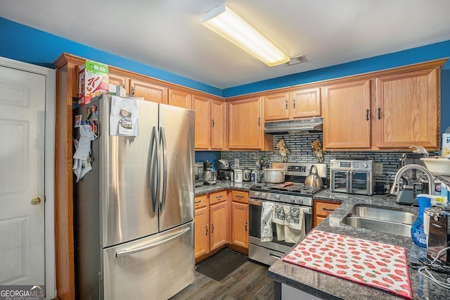 kitchen with decorative backsplash, dark wood-style floors, under cabinet range hood, a sink, and appliances with stainless steel finishes