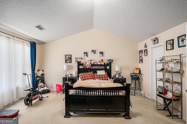 bedroom with carpet flooring, baseboards, visible vents, and lofted ceiling