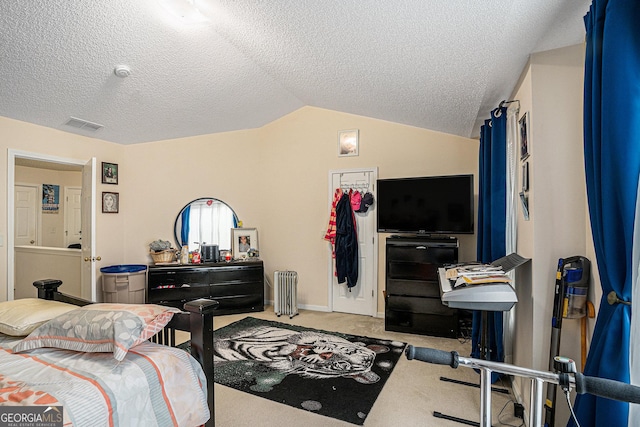 bedroom with visible vents, lofted ceiling, radiator heating unit, a textured ceiling, and carpet flooring
