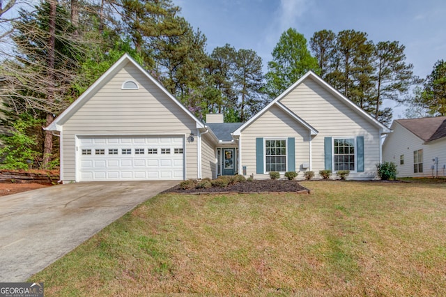 ranch-style home featuring a garage, a front lawn, and concrete driveway