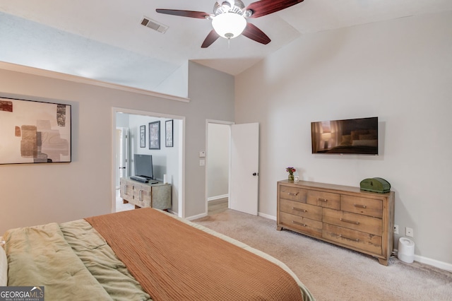 bedroom featuring high vaulted ceiling, a ceiling fan, baseboards, carpet flooring, and visible vents