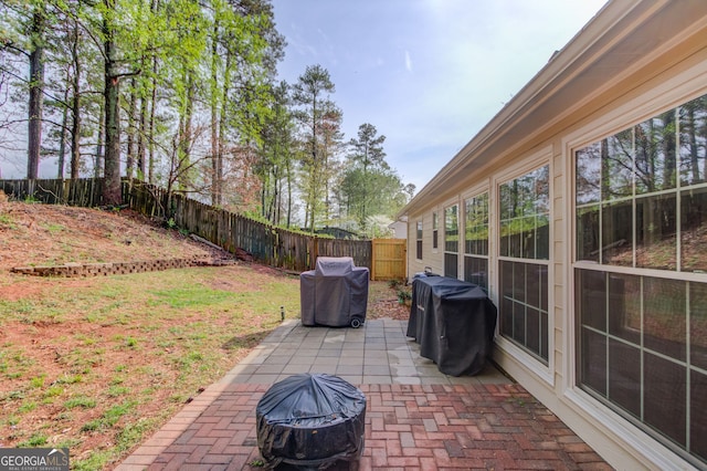 view of patio with a fenced backyard and grilling area