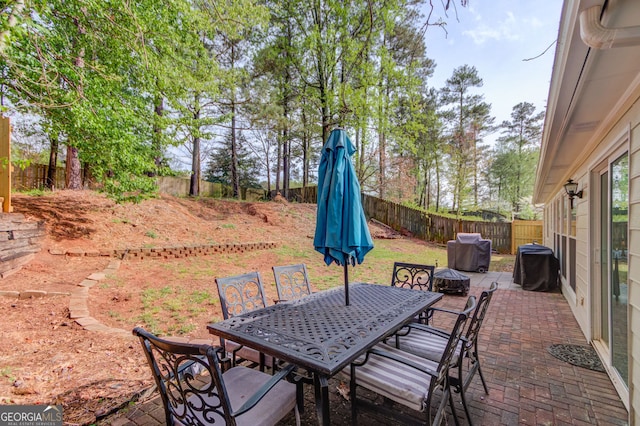 view of patio featuring a fenced backyard and outdoor dining space