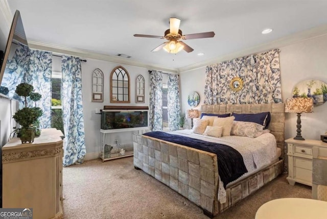 108 Summer Breeze Ln, Canton, GA 30114 - carpeted bedroom with ornamental molding, ceiling fan, and recessed lighting