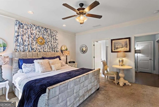 108 Summer Breeze Ln, Canton, GA 30114 - bedroom with crown molding, carpet flooring, ceiling fan, and recessed lighting