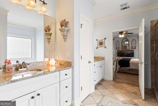 108 Summer Breeze Ln, Canton, GA 30114 - bathroom featuring ornamental molding, connected bathroom, vanity, a ceiling fan, and tile patterned floors