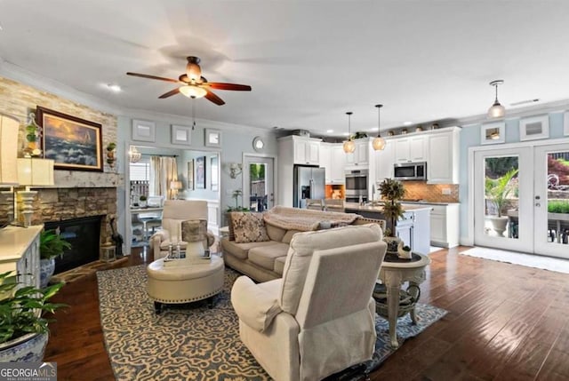 108 Summer Breeze Ln, Canton, GA 30114 - living room featuring dark wood-style floors, ceiling fan, plenty of natural light, ornamental molding, and recessed lighting