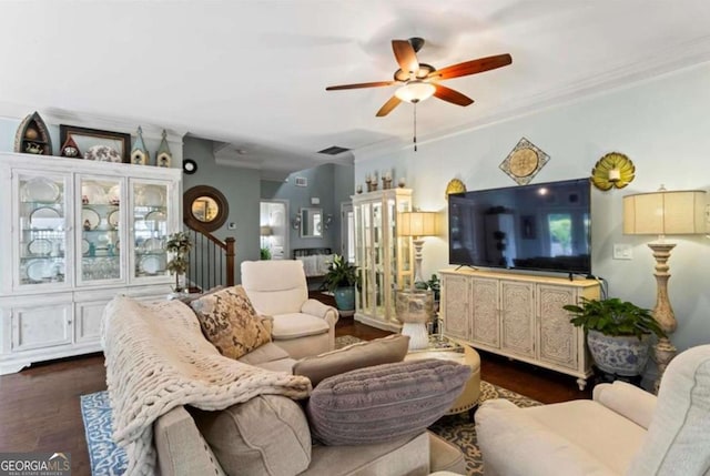 108 Summer Breeze Ln, Canton, GA 30114 - living room featuring a ceiling fan, dark wood finished floors, and crown molding