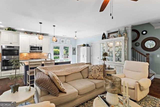 108 Summer Breeze Ln, Canton, GA 30114 - living room with ceiling fan, wood finished floors, recessed lighting, ornamental molding, and french doors