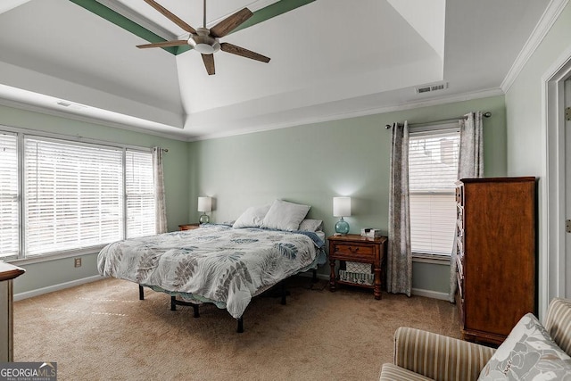 2032 Stonewick Ct, Lawrenceville, GA 30043 - bedroom featuring light carpet, a raised ceiling, crown molding, vaulted ceiling, and a ceiling fan
