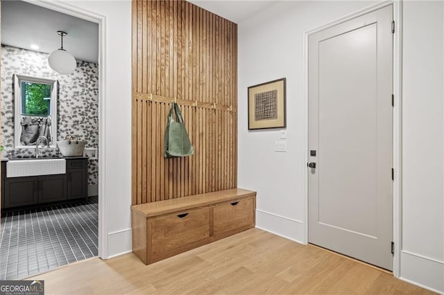 402 Chattahoochee St, Roswell, GA 30075 - mudroom with light wood-type flooring and wallpapered walls