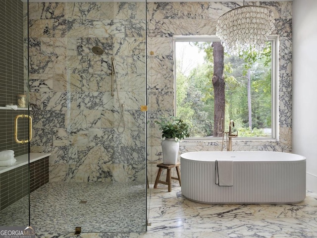 402 Chattahoochee St, Roswell, GA 30075 - full bath featuring a marble finish shower, a soaking tub, and marble tiled floors