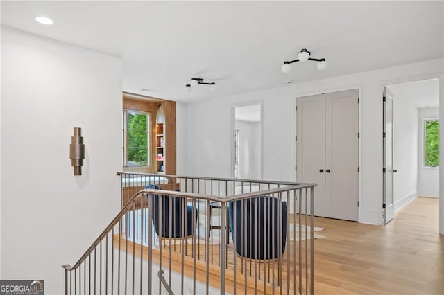 402 Chattahoochee St, Roswell, GA 30075 - hall with an upstairs landing, light wood-style floors, and recessed lighting