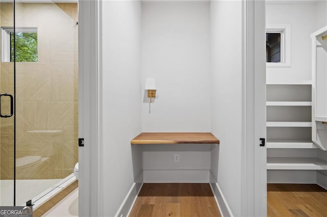 402 Chattahoochee St, Roswell, GA 30075 - bathroom featuring a shower stall and wood finished floors