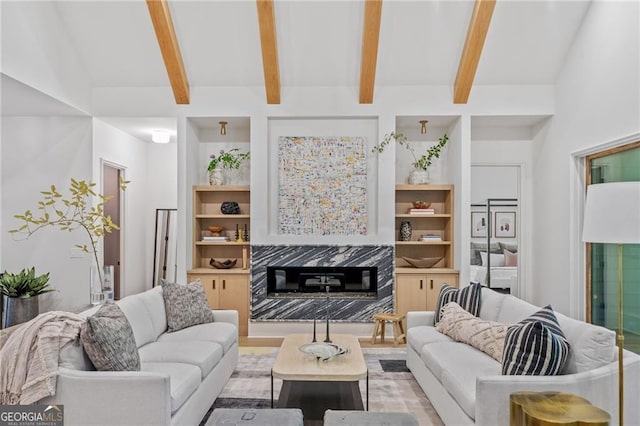 402 Chattahoochee St, Roswell, GA 30075 - living area featuring a fireplace, beamed ceiling, and built in features
