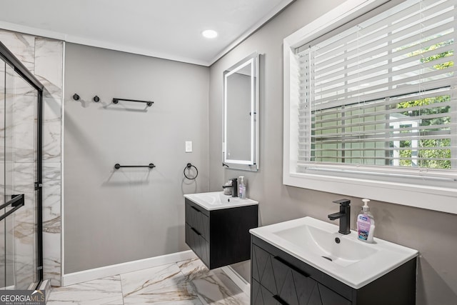 full bathroom featuring a sink, a stall shower, marble finish floor, baseboards, and two vanities