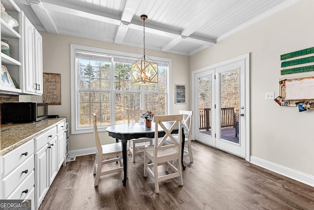 1452 Redwine Rd, Fayetteville, GA 30215 - dining space featuring dark wood-type flooring, beamed ceiling, and a chandelier