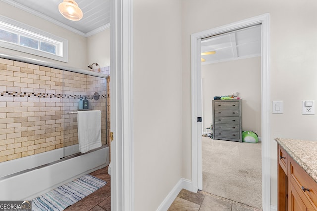 1452 Redwine Rd, Fayetteville, GA 30215 - bathroom featuring vanity, combined bath / shower with glass door, and ornamental molding