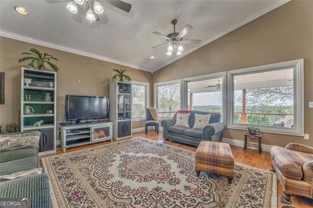 300 Ellis Rd, Rome, GA 30161 - living room featuring lofted ceiling, crown molding, ceiling fan, and a healthy amount of sunlight