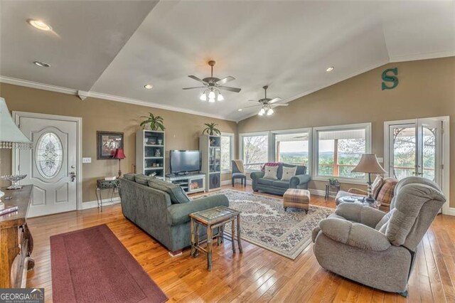 300 Ellis Rd, Rome, GA 30161 - living room featuring hardwood / wood-style flooring, baseboards, ornamental molding, a ceiling fan, and lofted ceiling
