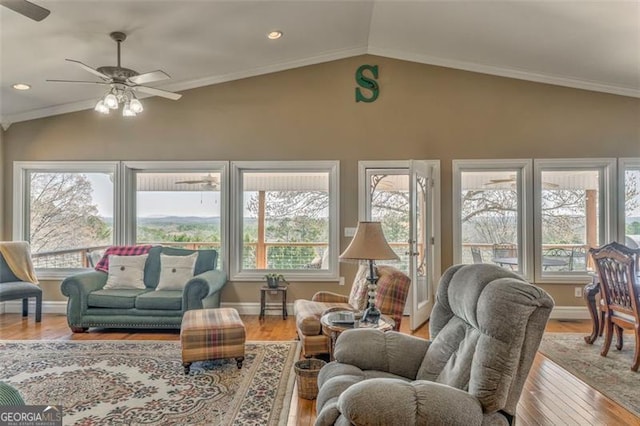 300 Ellis Rd, Rome, GA 30161 - living area featuring baseboards, ceiling fan, wood finished floors, and vaulted ceiling